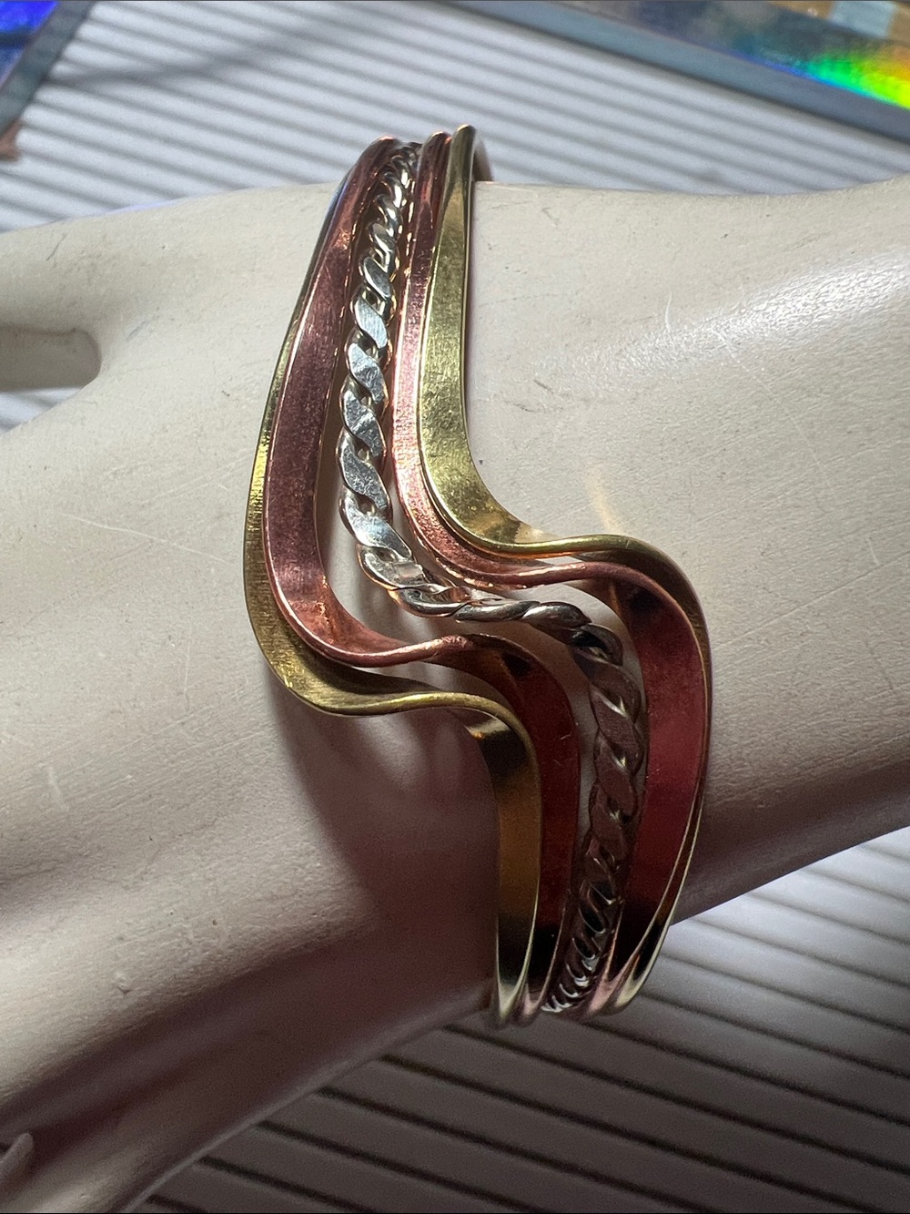 Vintage Multi-Tone Wavy Metal Bangle Bracelet